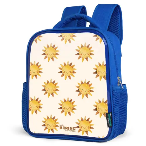 Lachende zonnetjes als patroon op beige achtergrond Kinderrugzak - Blauw middel -schuin