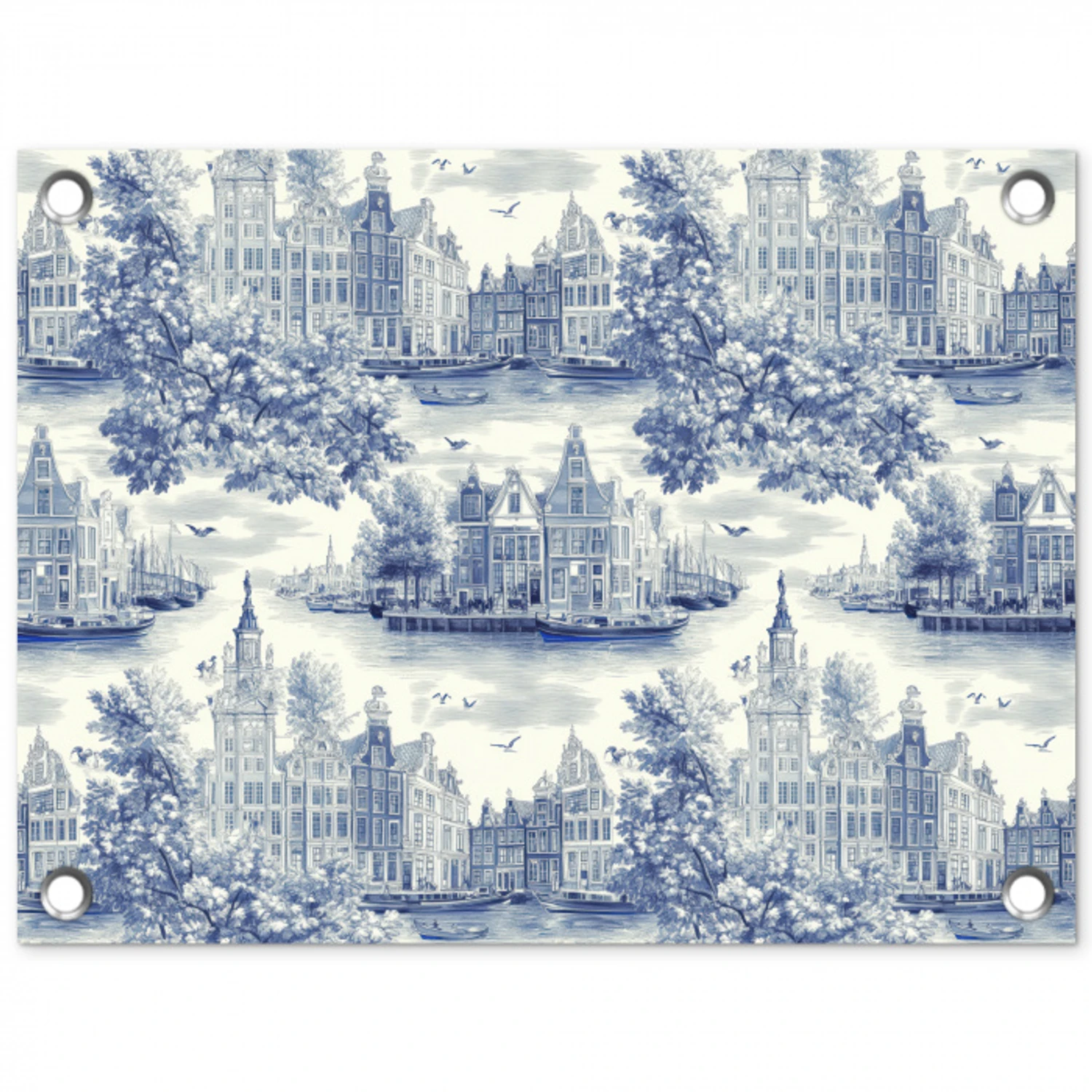 Huizen - Bomen - Water - Vogels - Blauw tuinposter los doek klein 239 -3d