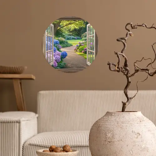 Doorkijk - Tuin - Raam - Hortensia - Bloemen Wandcirkel behangsticker klein -sfeer1