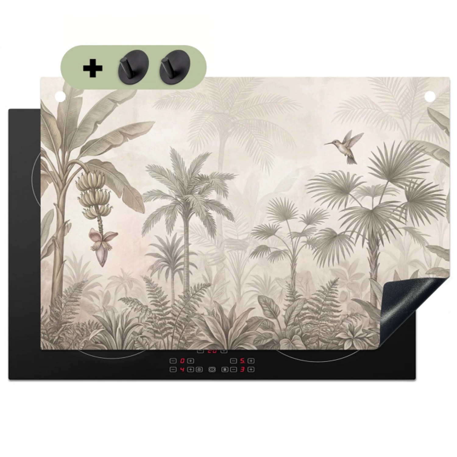 Jungle - Banenboom - Kolibrie - Beige Inductie beschemer met haakjes klein -3d