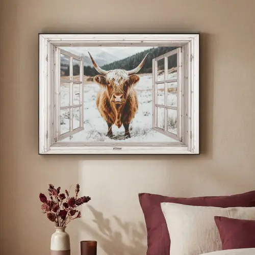 Schotse Hooglander - Winterlandschap - Landelijk - Bergen - Doorkijk Textielframe zwart klein -sfeer1