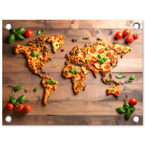 Wereldkaart - Pizza - Houten ondergrond tuinposter los doek klein -3d