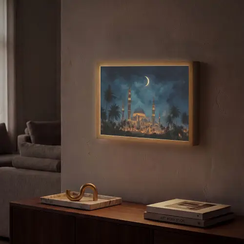 Sterrenhemel - Maan - Palmbomen - Moskee Light Box met batterij (Wandlamp) middel -sfeer1