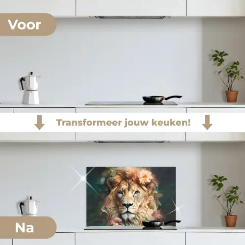 Leeuw - Leeuwenkop - Wilde dieren - Bloemen keuken achterwand spatscherm klein -voor_na_NL