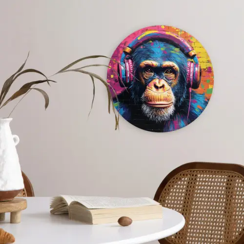 Graffiti - Chimpanzee - Street art - Koptelefoon - Aap Wandcirkel kunststof plaat 5mm dik klein -sfeer4