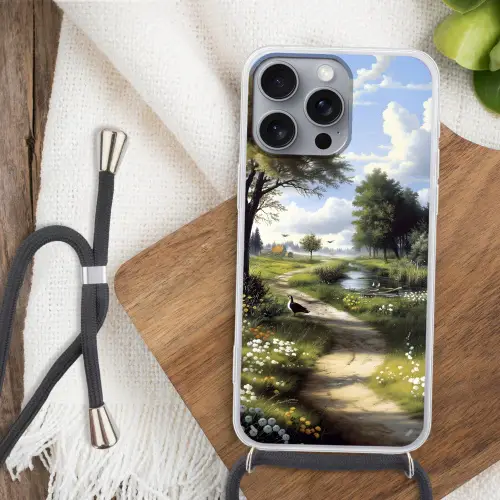Zandpad - Groen landschap - Water Hoesje iPhone 16 Pro Max met koord klein -sfeer4