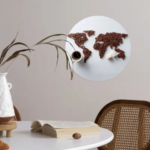 Wereldkaart - Koffiebonen - Suikerklontjes Wandcirkel behangsticker klein -sfeer3