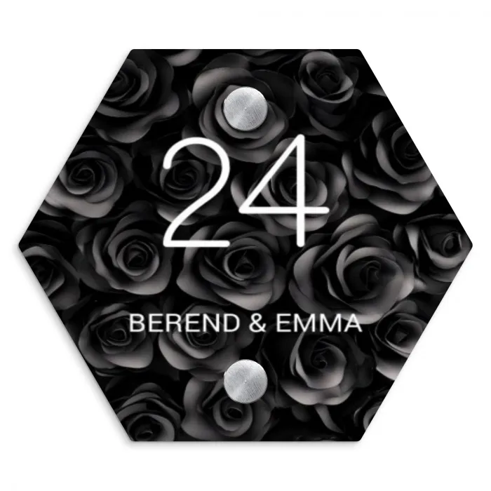 Zwarte rozen - Klassiek Naambord Hexagon klein -3d
