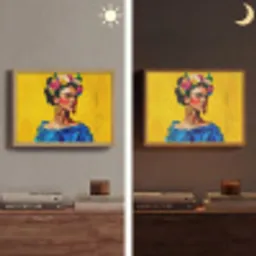 Frida Kahlo - Vrouw - Geel - Blauw - Bloemen Light Box met batterij (Wandlamp) middel -sfeer3