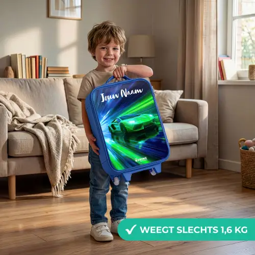 Sportauto - Groen - Snelheidslijnen - Neon Kinderkoffer - Blauw klein -sfeer2_NL