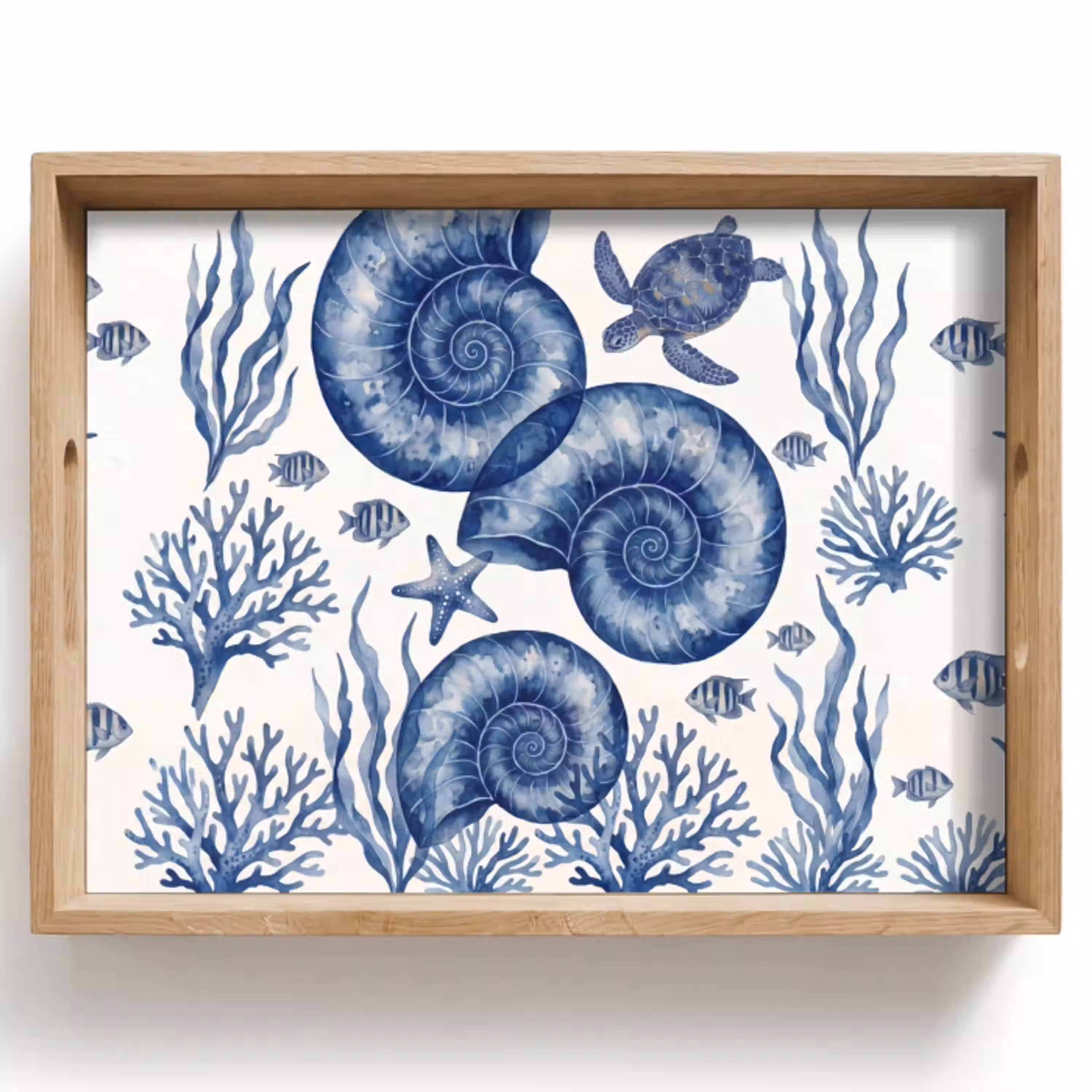 Schelp - Spiraal - Zeeleven - Aquarel - Blauw Dienblad Rechthoek middel -z3d_shopping