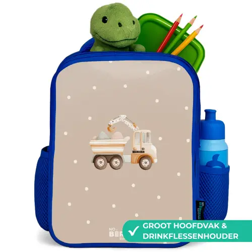 Gele kiepwagen met stenen en stippenpatroon Kinderrugzak - Blauw middel -inhoud_NL
