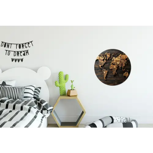 Wereldkaart -  Hout - Mozaïek Wandcirkel aluminium klein -kinderkamer