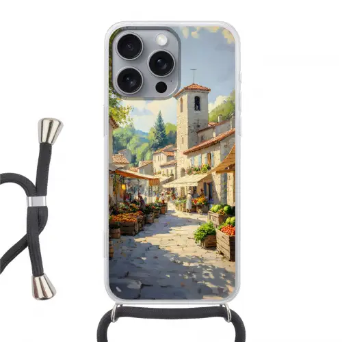 Dorp - Zon - Kraampjes - Huizen Hoesje iPhone 16 Pro Max met koord klein -3d