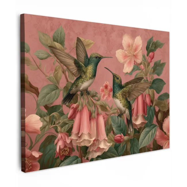Canvas schilderij - Kolibries - Bloemen - Groen - Roze