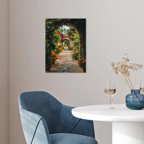 Doorkijk - Bloemen - Poort - Stenen poster papier klein -sfeer3