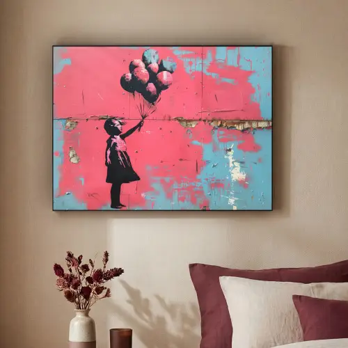 Graffiti - Meisje - Ballon - Roze - Blauw - Street art Textielframe zwart klein -sfeer1