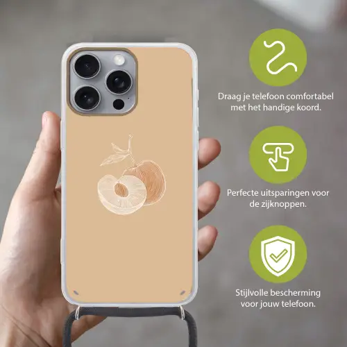 Perzik - Lijntekening - Pit - Beige Hoesje iPhone 16 Pro Max met koord klein -sfeer2_NL
