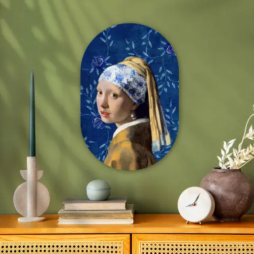Meisje met de parel - Delfts blauw - Vermeer - Bloemen - Schilderij - Oude meesters Wandcirkel Ovaal Forex klein -sfeer2