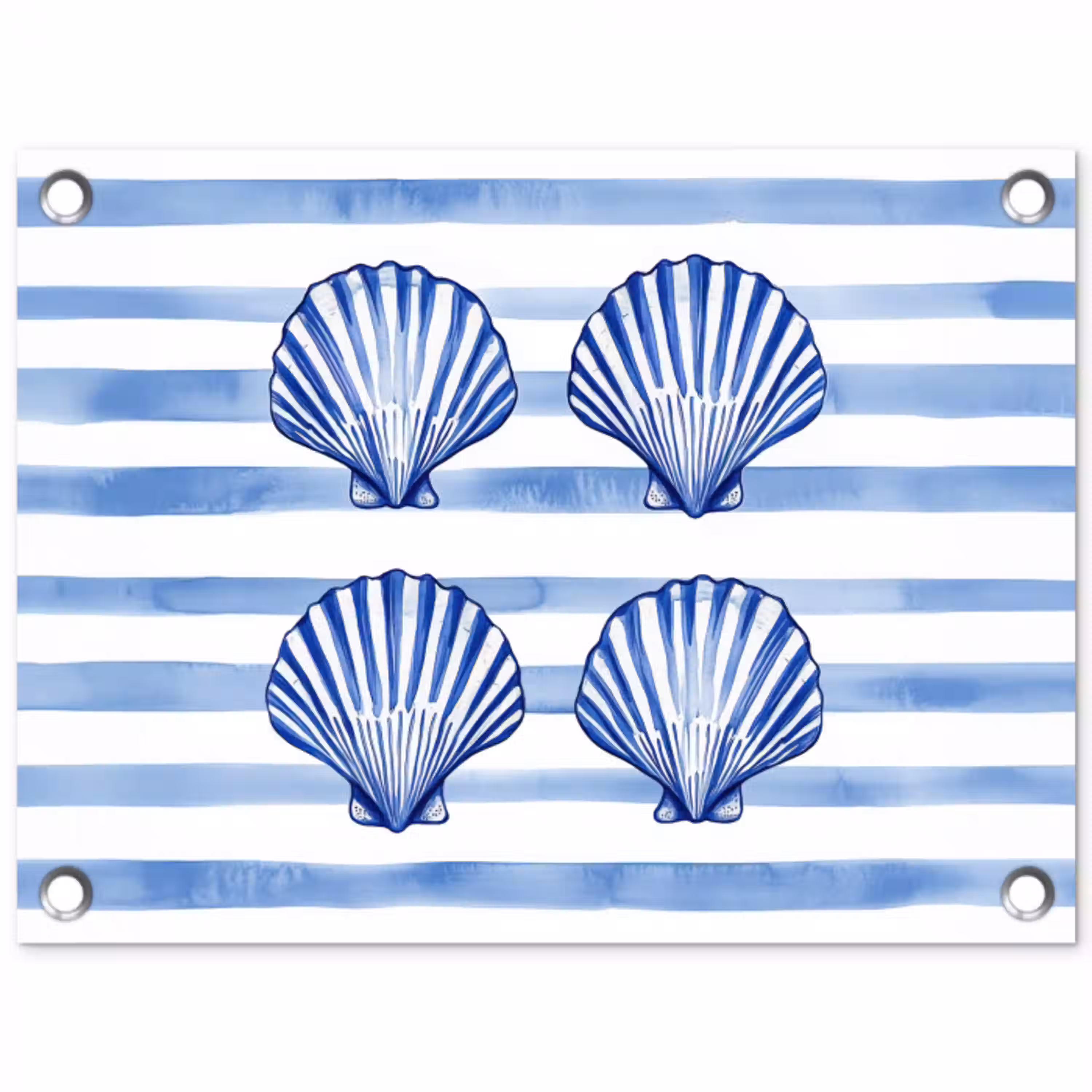 Vier schelpen - Blauw - Wit - Strepen tuinposter los doek klein -3d