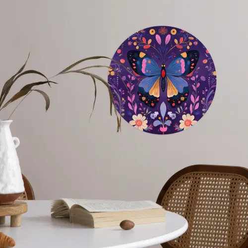 Sierlijk - Bloemen - Vlinder - Paars Wandcirkel behangsticker klein -sfeer3