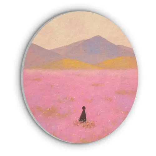 Bloemenweide - Heuvels - Silhouet - Roze Akoestische PET Vilt - Rond klein -3d
