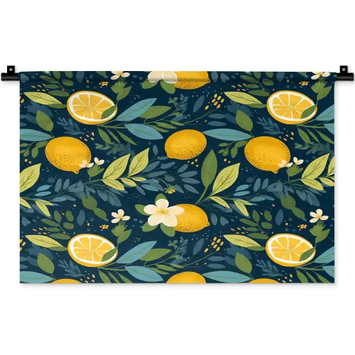 Bloemen - Bladeren - Citroenen - Blauw Wandkleed katoen klein 269 -zz3d
