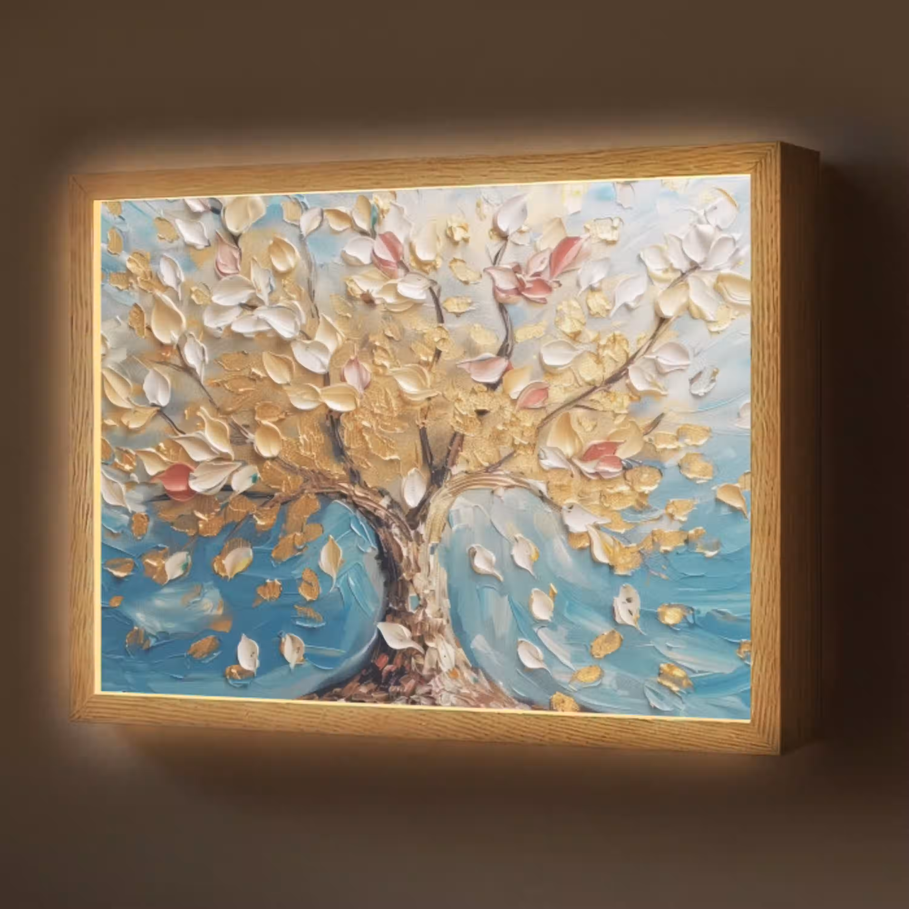 Boom - Blauw - Goud - Abstract - Modern Light Box met batterij (Wandlamp) middel -z3d_website