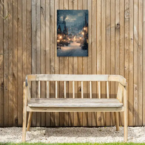 Winterdorp - Sneeuw - Donker Tuinposter op houten frame 2 cm dik klein -sfeer4