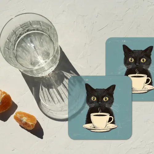 Kat - Zwart - Koffie - Minimalistisch onderzetter kurk middel -sfeer4