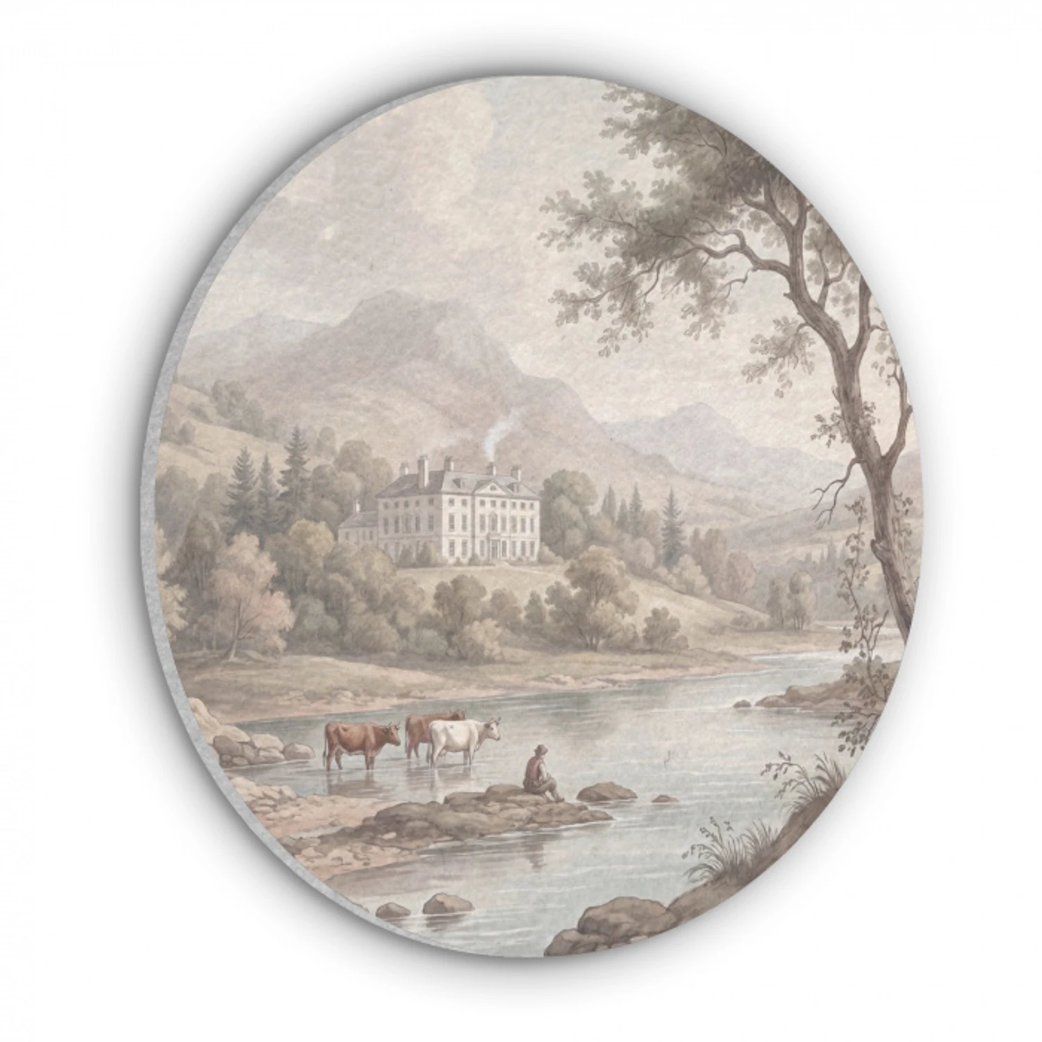 Landhuis - Rivier - Vee Akoestische PET Vilt - Rond klein -3d