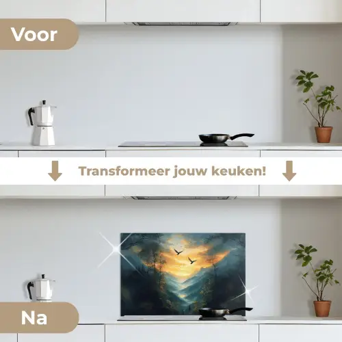 Vogels - Zon - Bomen - Groen keuken achterwand spatscherm klein -voor_na_NL