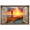Doorkijk - Raam - Vuurtoren - Zonsondergang - Strand poster papier klein -3d