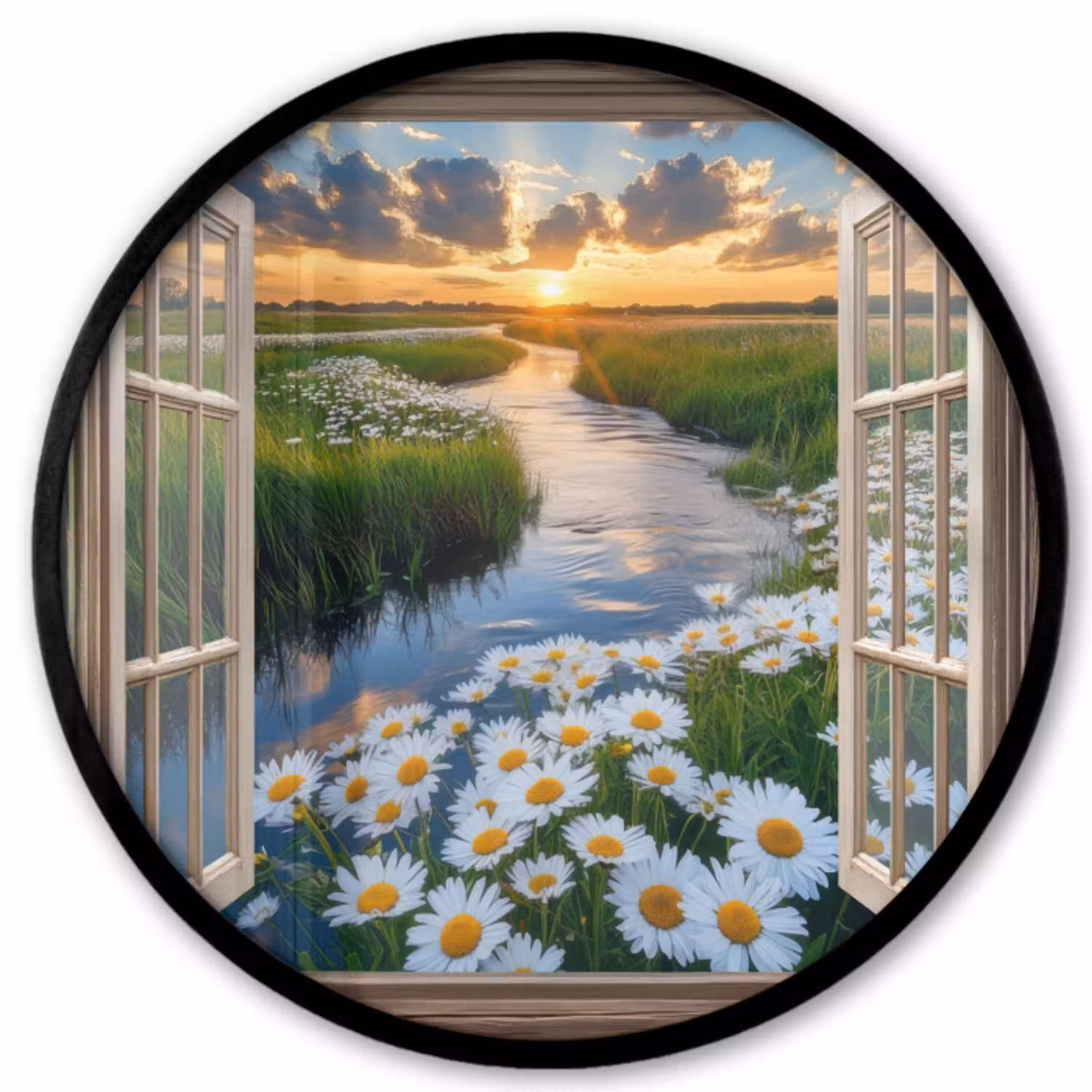 Doorkijk - Landschap - Raam - Water - Zonsondergang Fotolijst rond zonder passe partout klein -3d