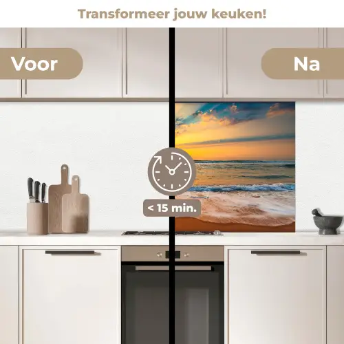 Zonsondergang - Strand - Zee - Wolken - Oranje keuken achterwand 2 middel -voor-na2_NL