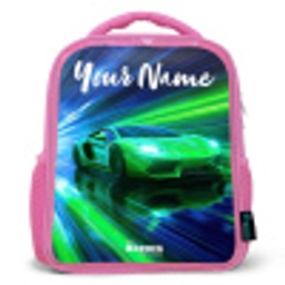 Sportauto - Groen - Snelheidslijnen - Neon Kinderrugzak - Roze middel -3d