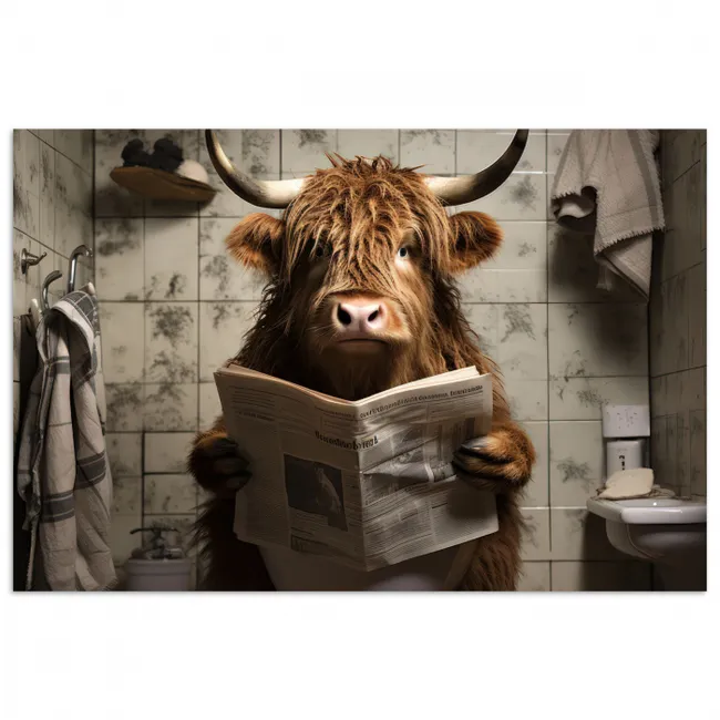 Poster - Schotse hooglander - Toilet - Krant - Badkamer