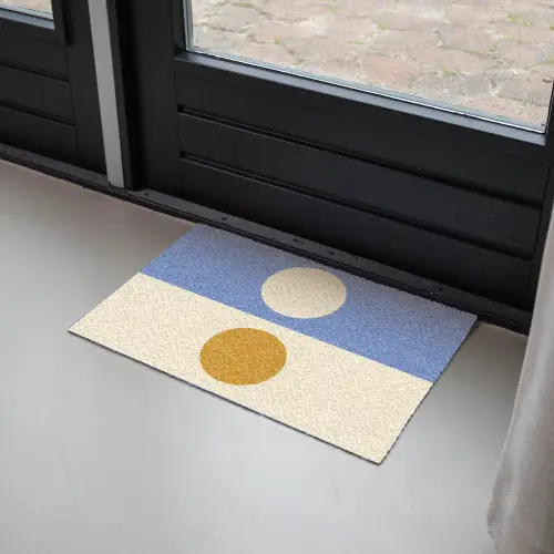 Cirkels - Symmetrisch - Wit - Blauw- Geel Deurmat klein -sfeer2