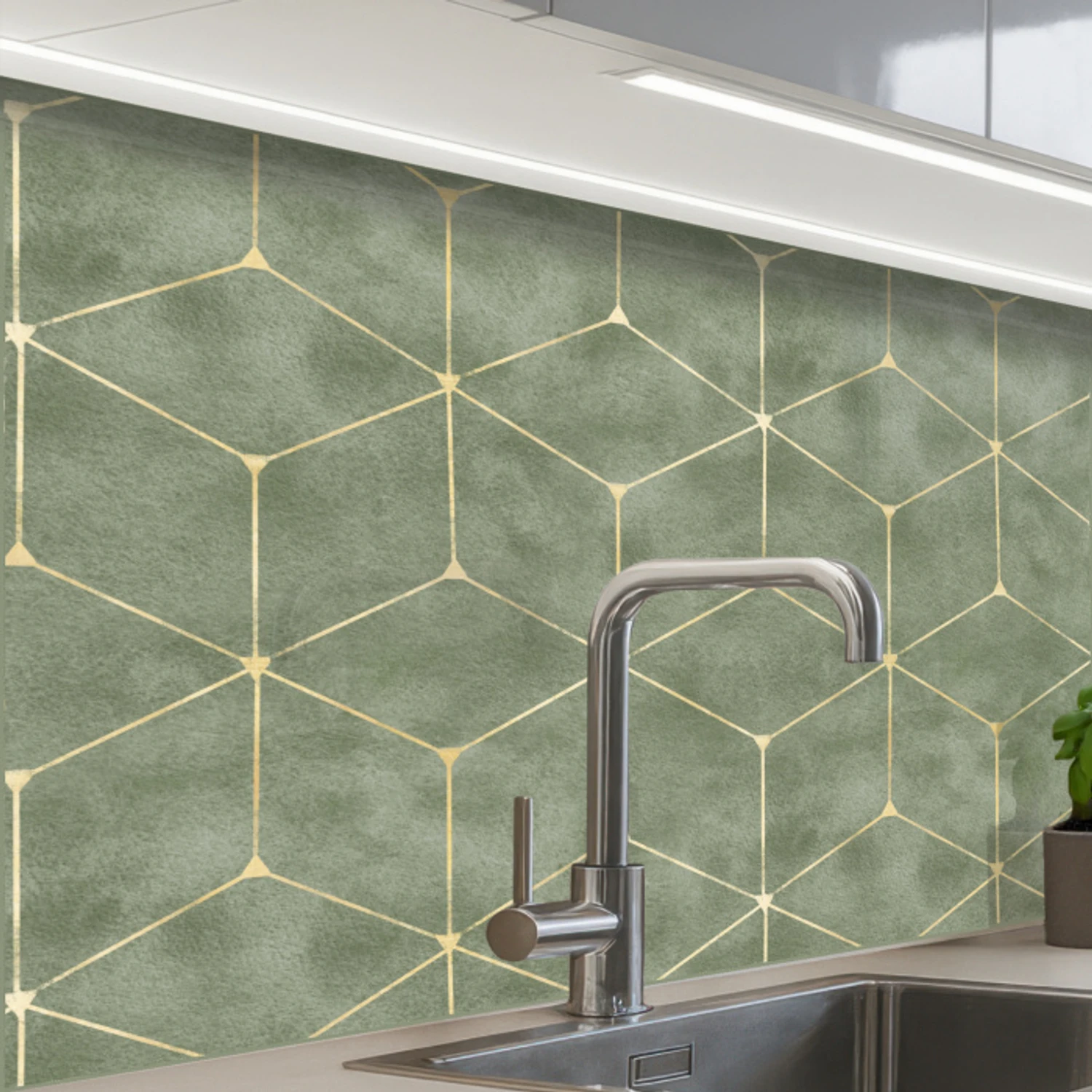 Subtiel - Geometrisch - Goud - Groen keuken achterwand 2 middel 865 -zzzz3d_schuin