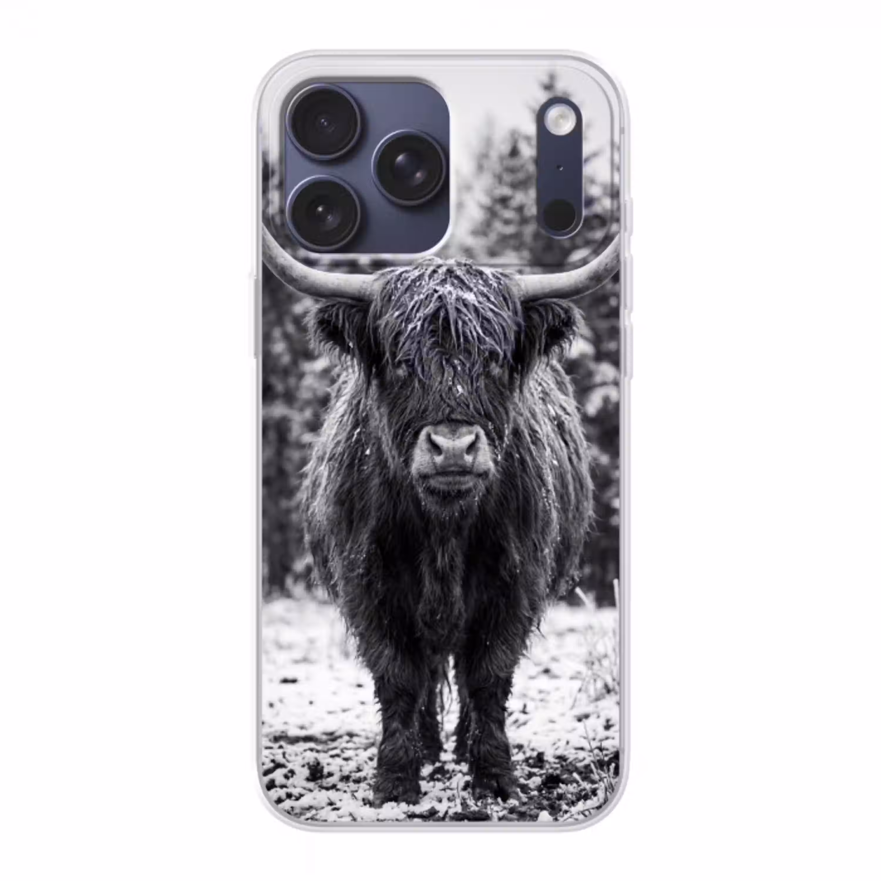 Schotse hooglander - Zwart - Wit - Sneeuwvlokken Telefoonhoesje iPhone 17 Pro Max klein -3d