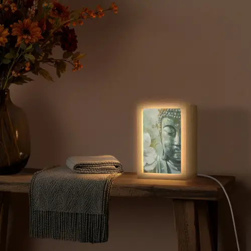 Boeddha - Groen - Lotusbloem - Wit Light Box met kabel (Tafellamp) klein -sfeer4