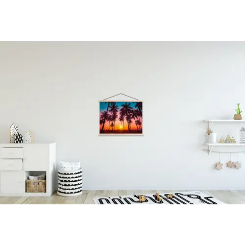 Palmboom - Zonsondergang - Horizon - Strand - Oranje - Roze textielposter latten blank klein -kinderkamer