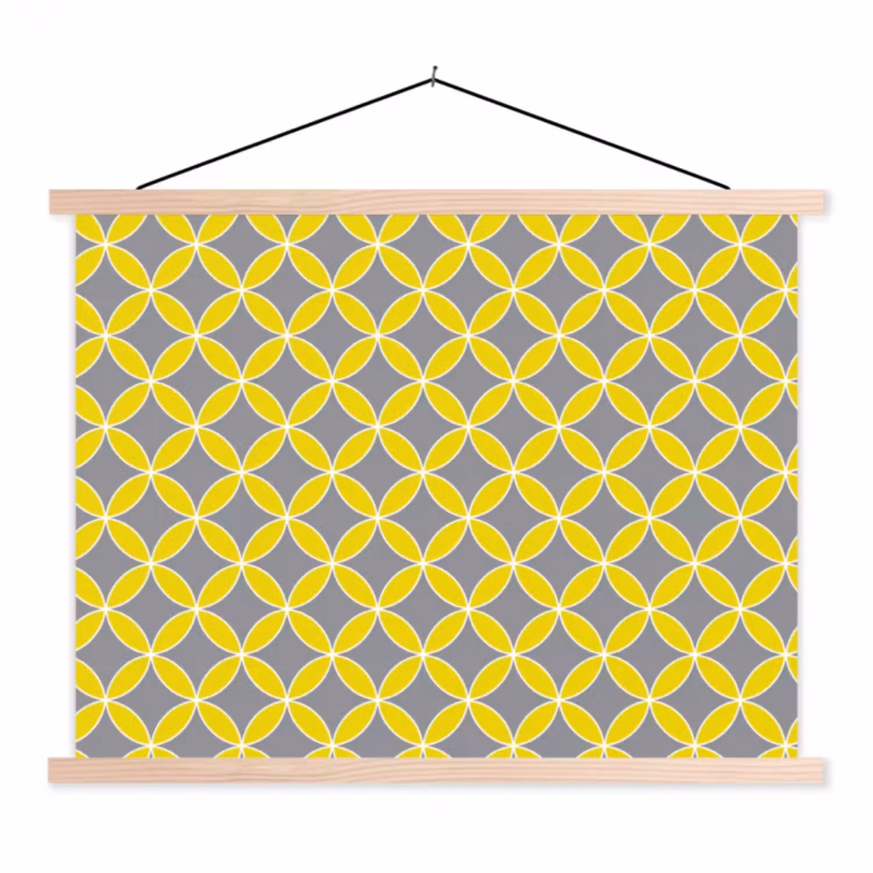 Geometrisch - Cirkels - Modern - Grijs - Geel textielposter latten blank klein 122 -3d