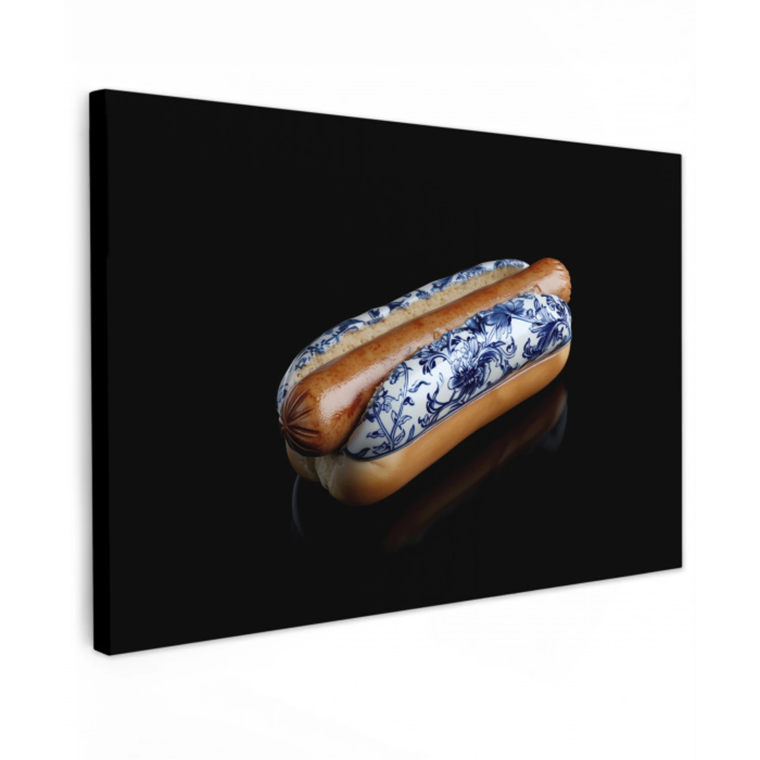 Hotdog - Porselein - Delfts blauw - Eten Tuinposter op houten frame 2 cm dik klein -3d