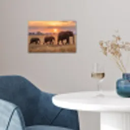 Olifanten - Savanne - Zonsondergang - Afrika - Warm poster papier klein -sfeer3