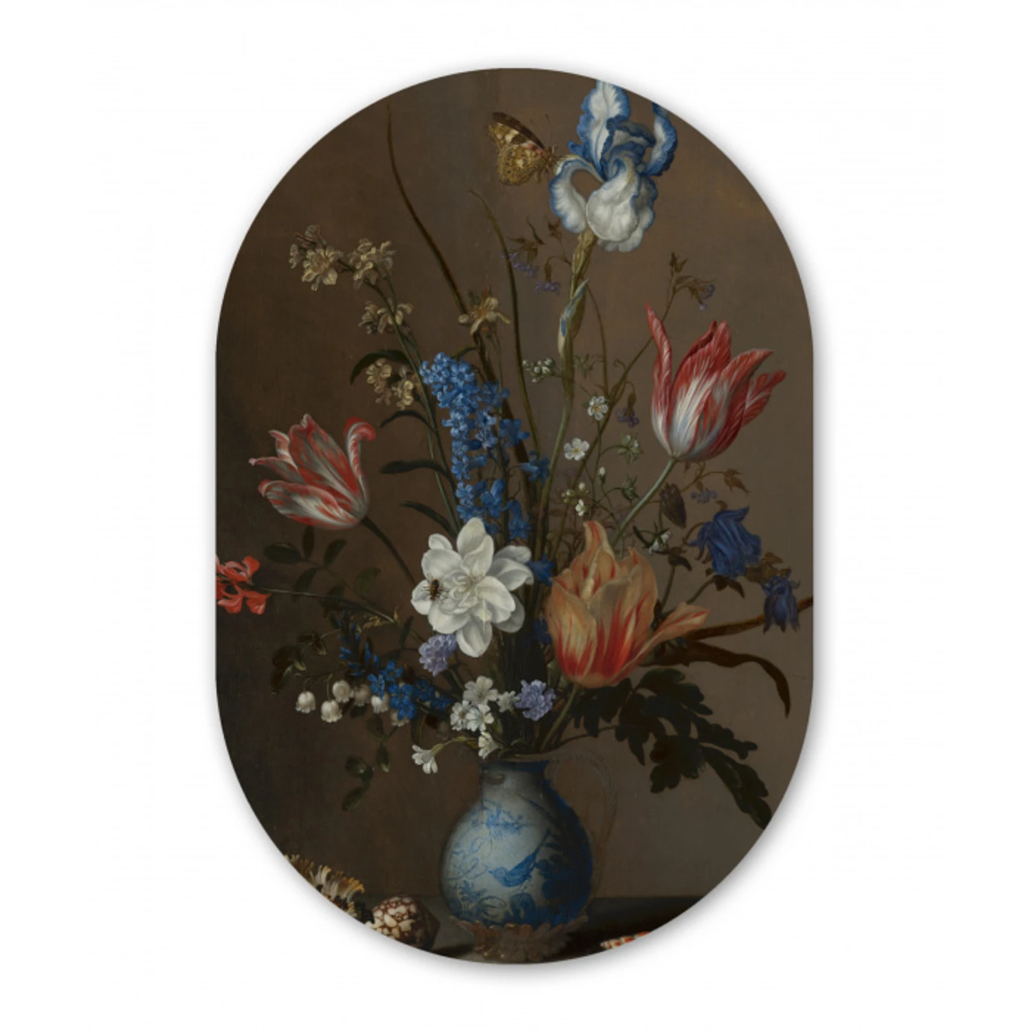 Bloemen in een Wan-Li vaas en schelpen - Schilderij van Balthasar van der Ast Wandcirkel Ovaal Forex klein -3d