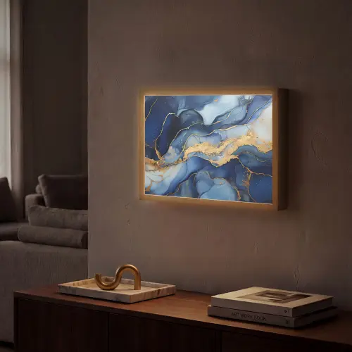 Marmer - Blauw - Goud - Abstract Light Box met batterij (Wandlamp) middel -sfeer1