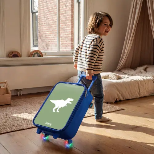 Groen met T-rex dino Kinderkoffer - Blauw klein -sfeer1