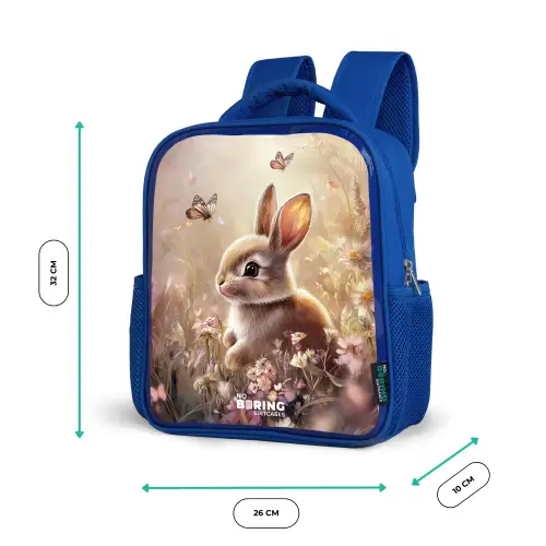 Bloemen - Bruin - Konijntje - Vlinder Kinderrugzak - Blauw middel -productfoto_formaten