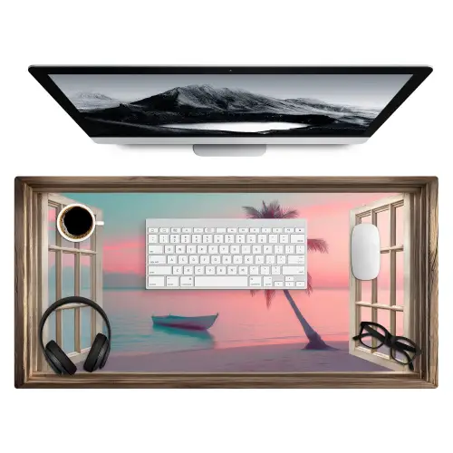 Doorkijk - Strand - Palmboom - Tropisch Muismat XXL klein -3d